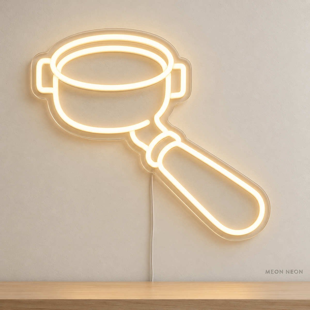 Watermarked concept mockup of Mini Portafilter LED Neon Sign in Warm White on a clear acrylic backboard.