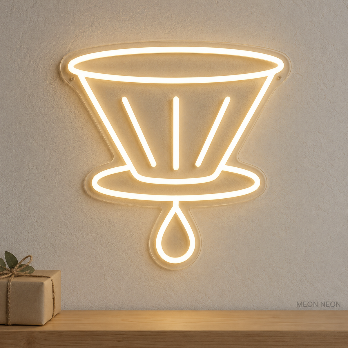 Watermarked concept mockup of the Mini Pour Over Dripper LED Neon Sign in Warm White on a clear acrylic backboard.