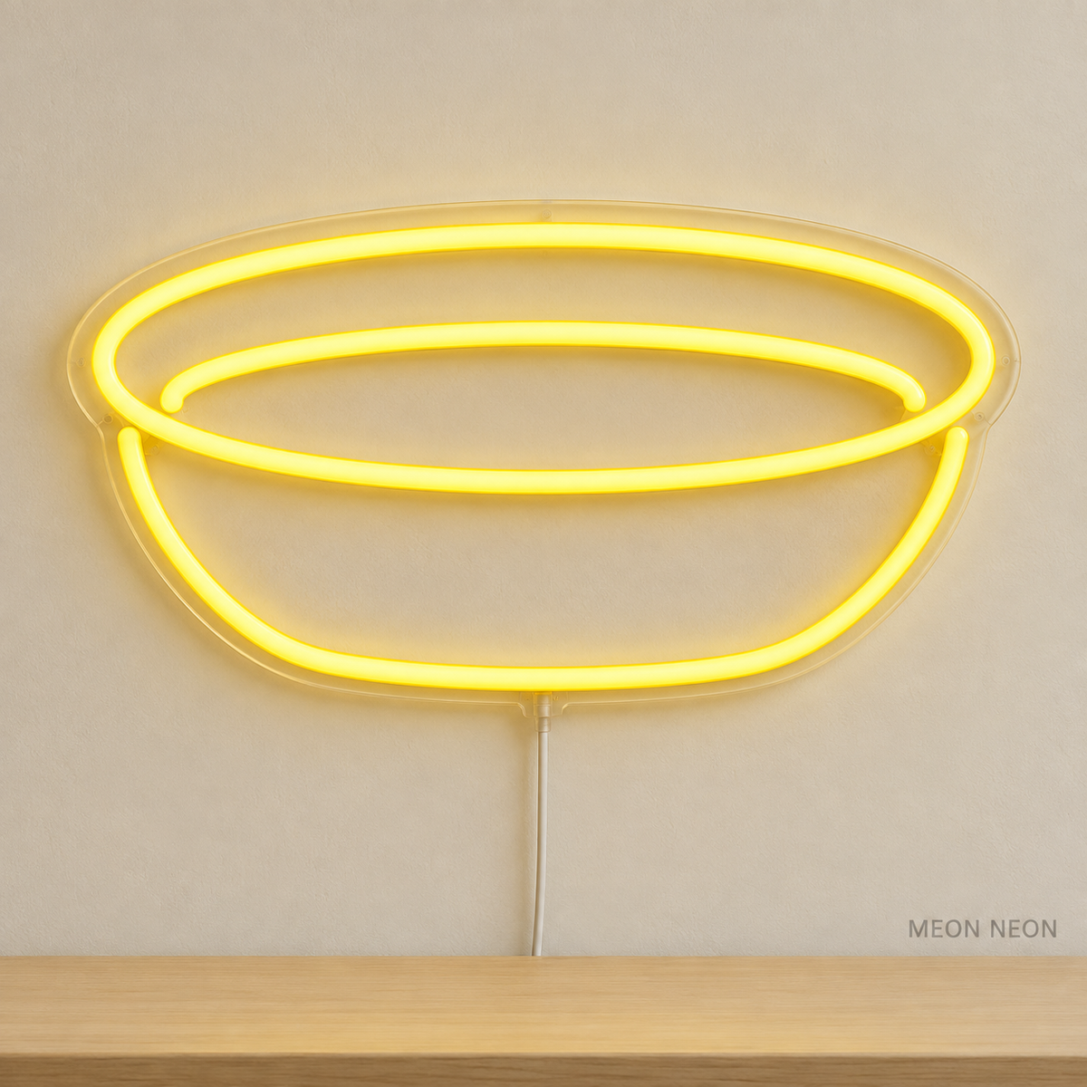 Watermarked concept mockup of Mini Proofing Basket LED Neon Sign in Yellow on a clear acrylic backboard.