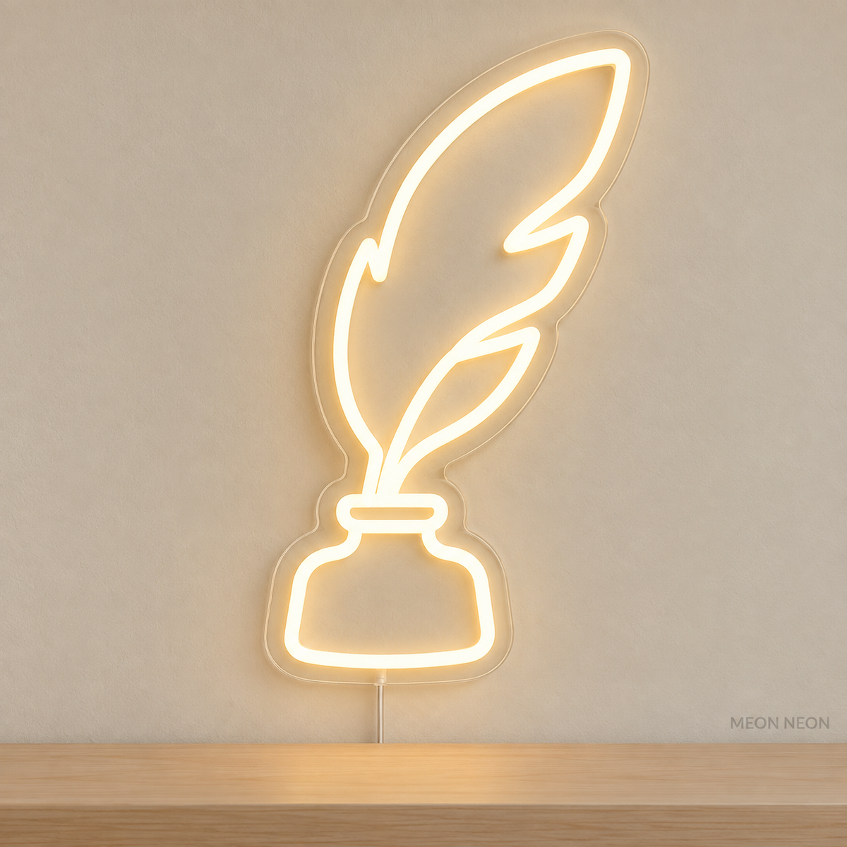 Watermarked concept mockup of Mini Quill and Ink LED Neon Sign in Warm White on a clear acrylic backboard.