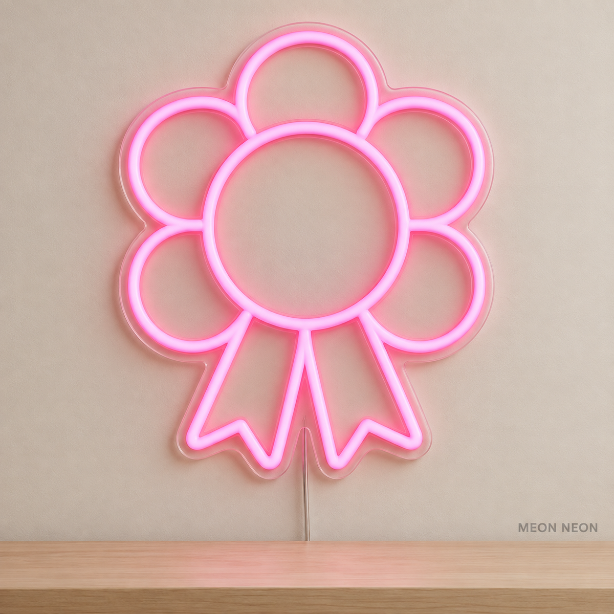 Watermarked concept mockup of Mini Riding Rosette LED Neon Sign in Pink on a clear acrylic backboard.