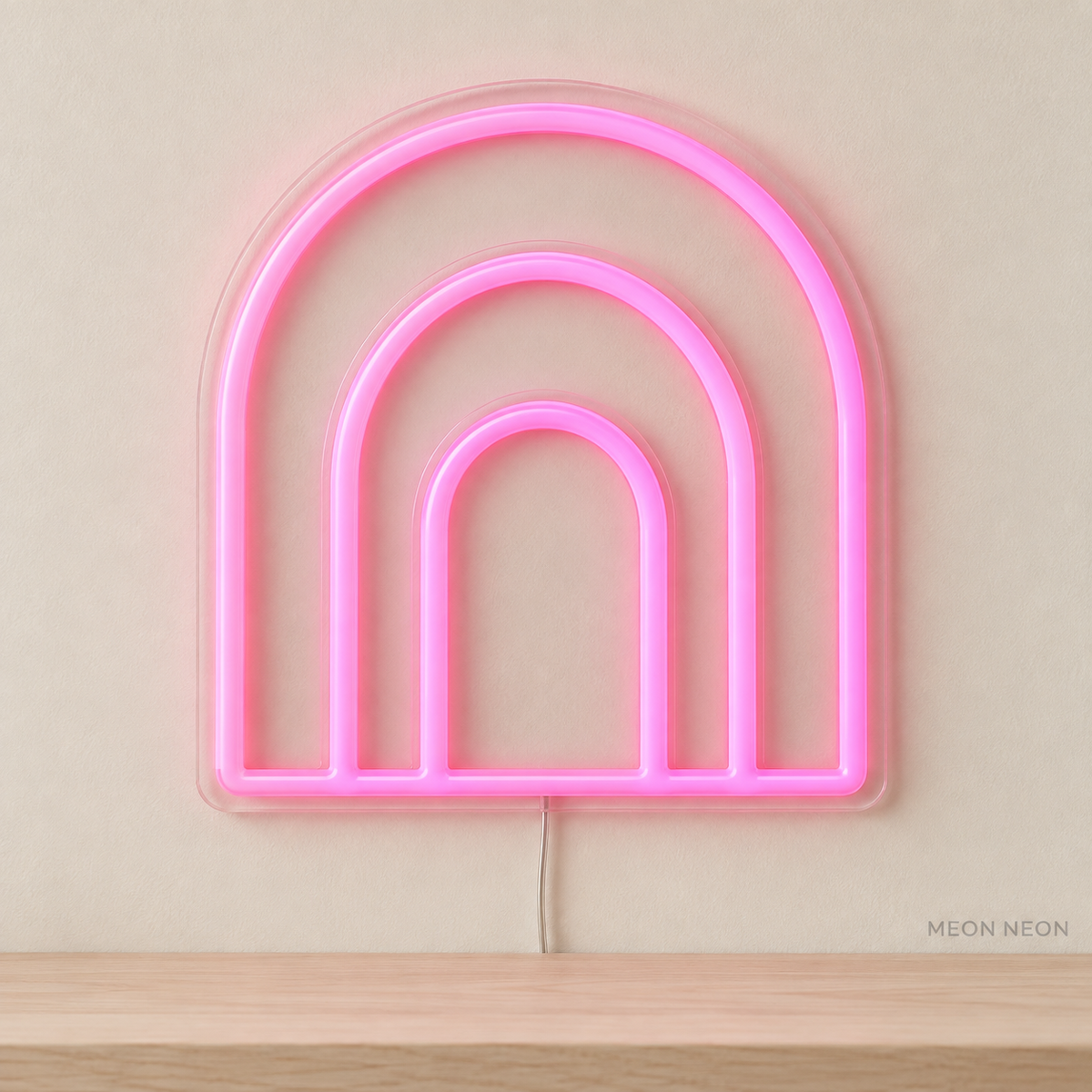 Watermarked concept mockup of Mini Ripple Arch LED Neon Sign in Pink on a clear acrylic backboard.