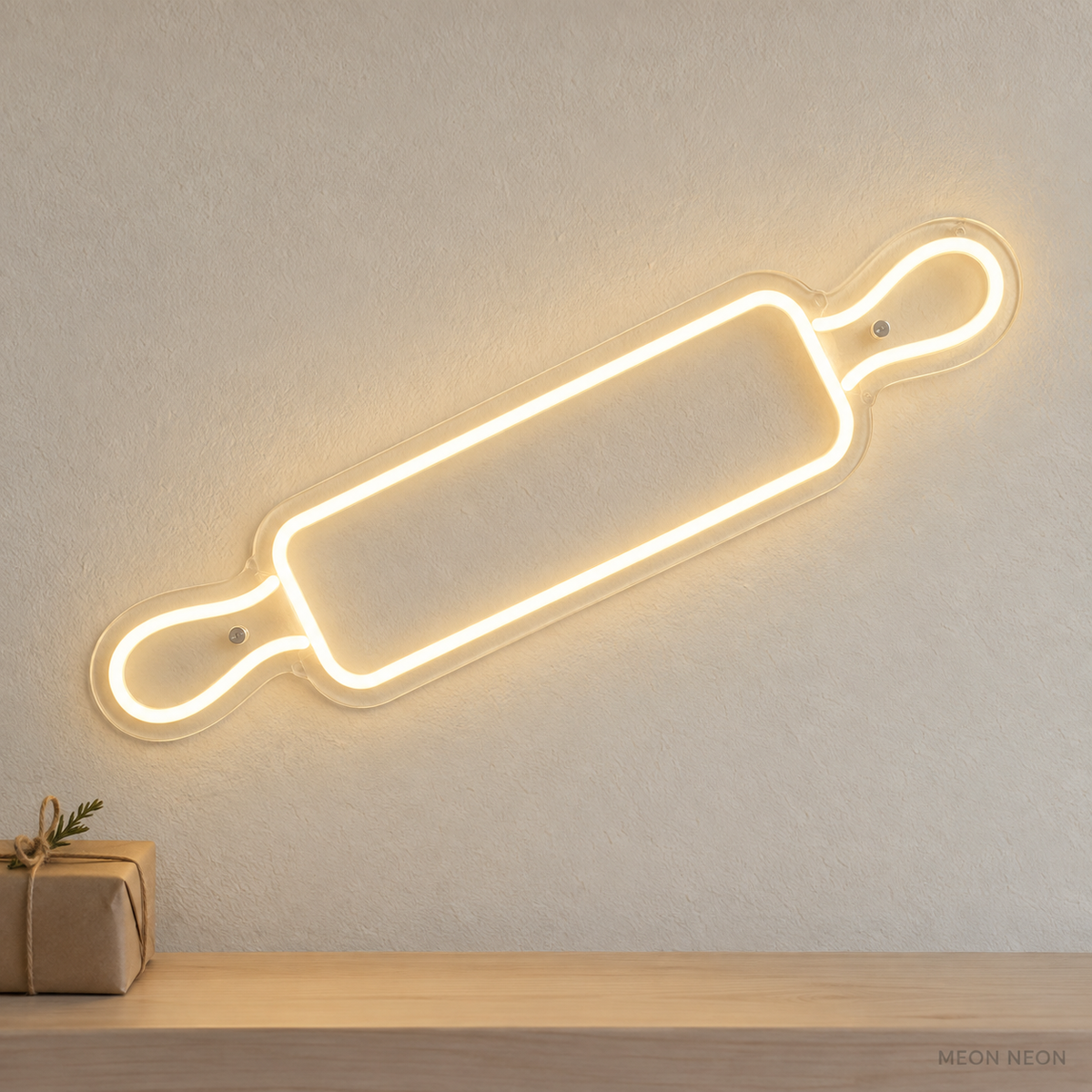 Watermarked concept mockup of the Mini Rolling Pin LED Neon Sign in Warm White on a clear acrylic backboard.