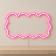 Watermarked concept mockup of Mini Scallop Frame LED Neon Sign in Pink on a clear acrylic backboard.