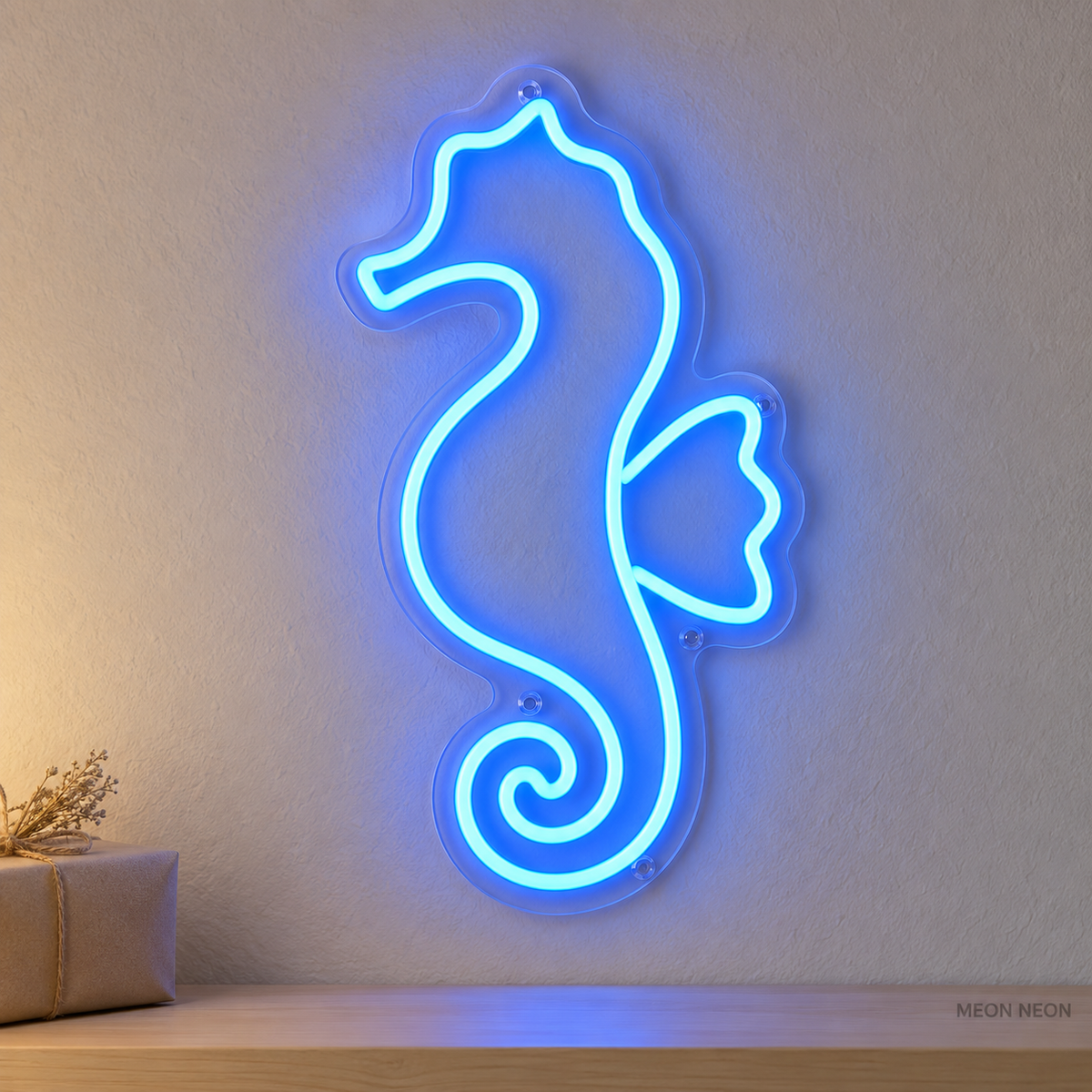 Watermarked concept mockup of the Mini Seahorse LED Neon Sign in Blue on a clear acrylic backboard.