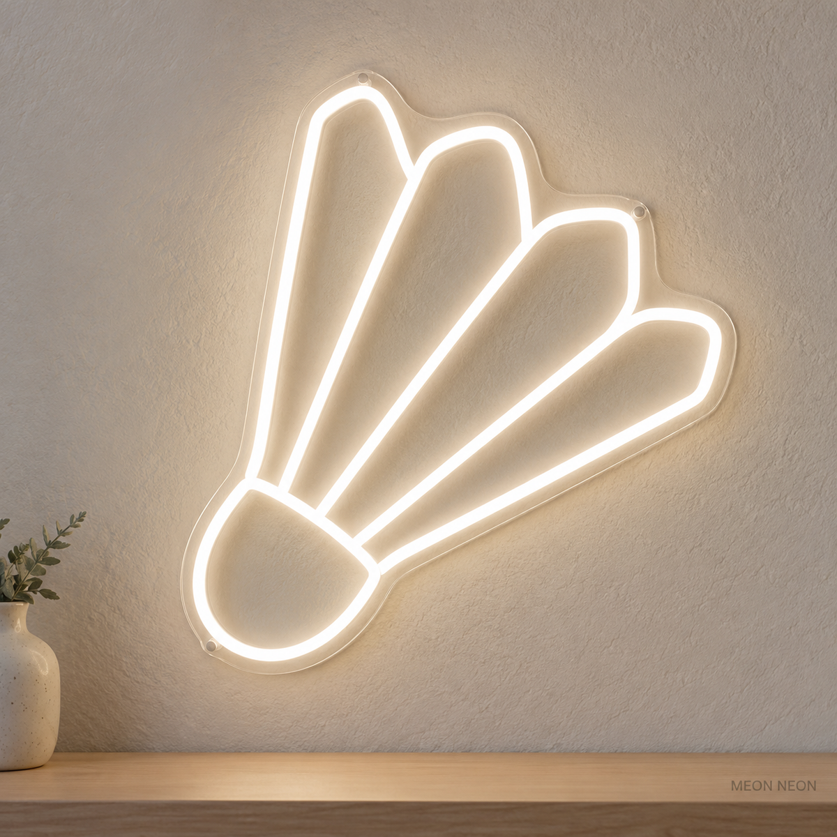 Watermarked concept mockup of Mini Shuttlecock LED Neon Sign in White on a clear acrylic backboard.