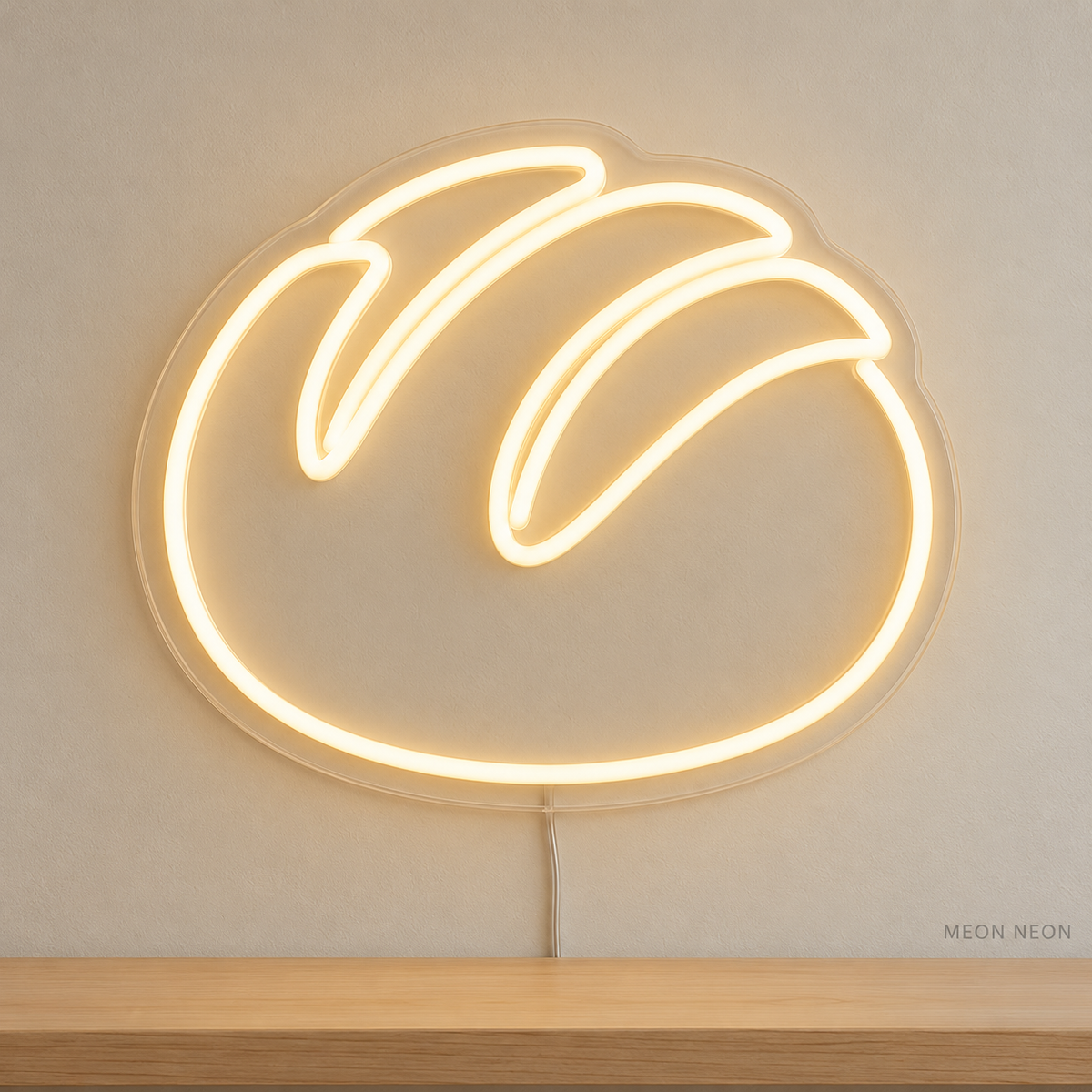 Watermarked concept mockup of Mini Sourdough Loaf LED Neon Sign in Warm White on a clear acrylic backboard.