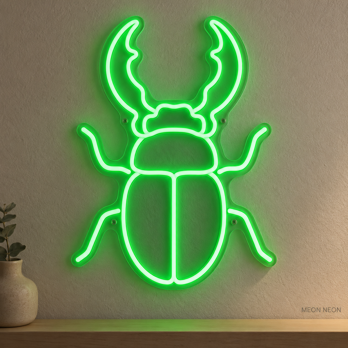 Watermarked concept mockup of Mini Stag Beetle LED Neon Sign in Green on a clear acrylic backboard.