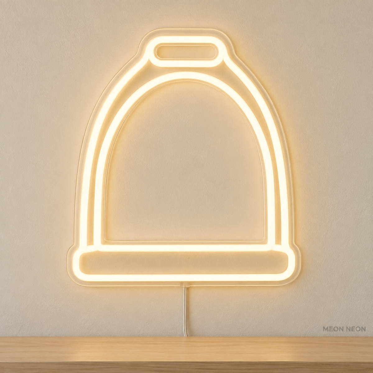 Watermarked concept mockup of Mini Stirrup LED Neon Sign in Warm White on a clear acrylic backboard.