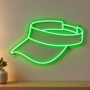 Watermarked concept mockup of Mini Tennis Visor LED Neon Sign in Green on a clear acrylic backboard.