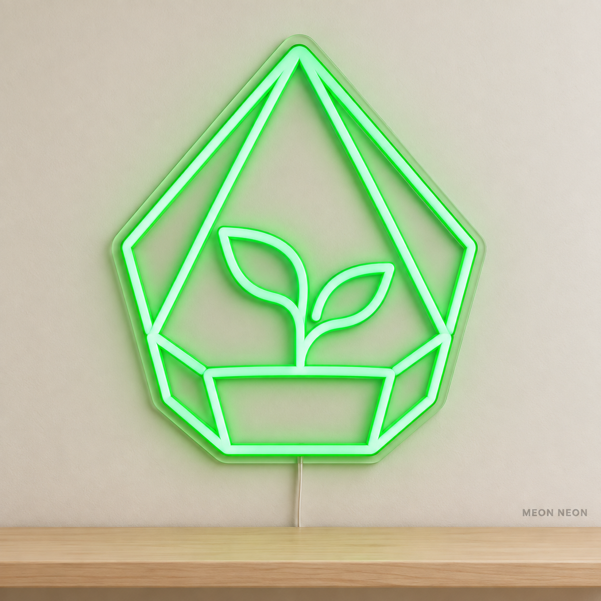 Watermarked concept mockup of Mini Terrarium LED Neon Sign in Green on a clear acrylic backboard.