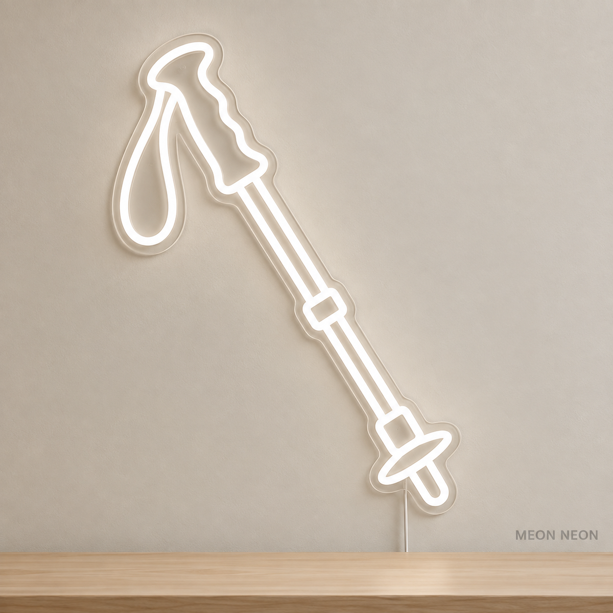 Watermarked concept mockup of Mini Trekking Pole LED Neon Sign in White on a clear acrylic backboard.