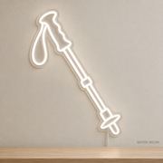 Watermarked concept mockup of Mini Trekking Pole LED Neon Sign in White on a clear acrylic backboard.