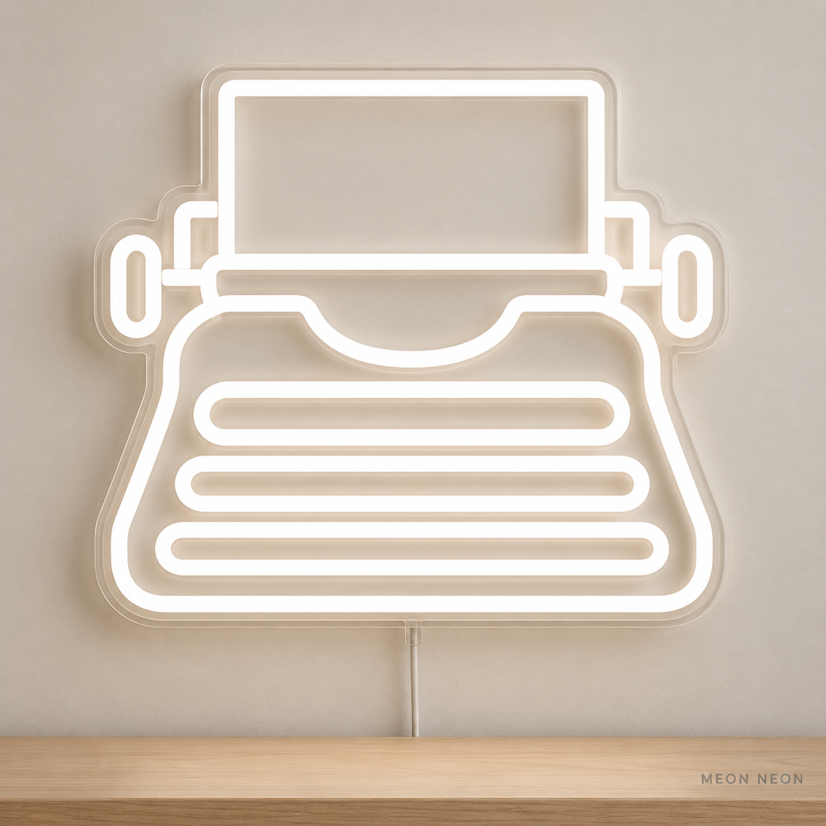 Watermarked concept mockup of Mini Typewriter LED Neon Sign in White on a clear acrylic backboard.