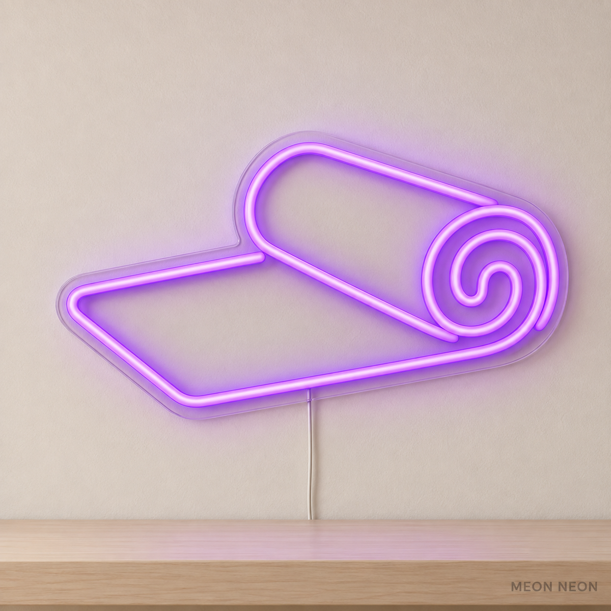 Watermarked concept mockup of Mini Yoga Mat LED Neon Sign in Purple on a clear acrylic backboard.