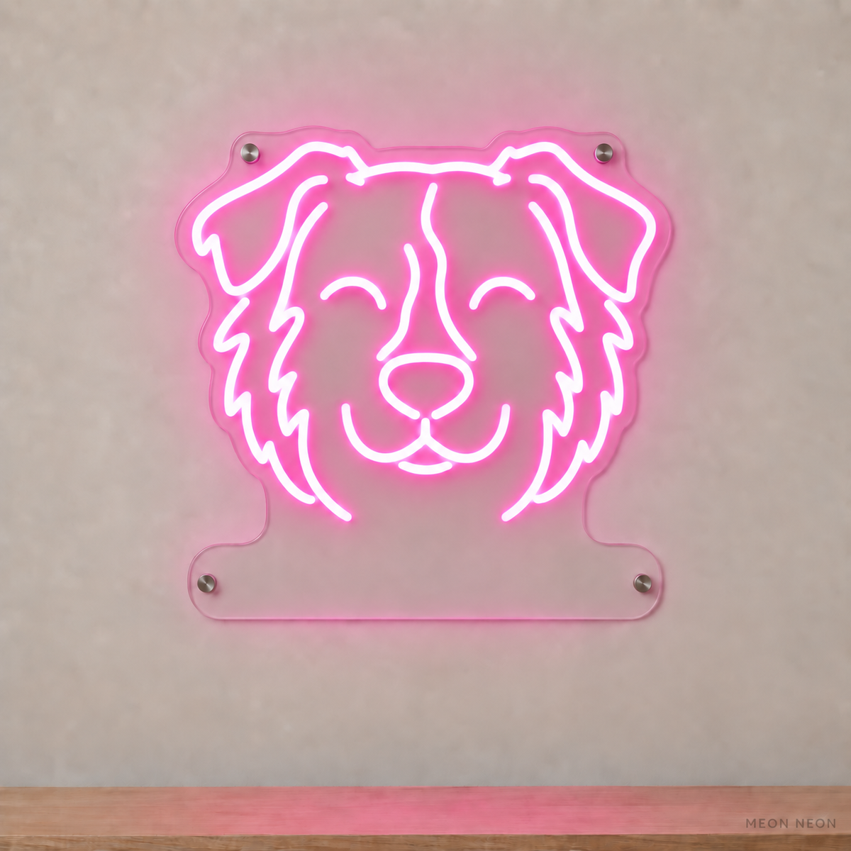 MEON NEON-watermarked concept mockup of a Pink Miniature American Shepherd head LED neon sign with a blank acrylic area for a UV-printed breed caption or dog name.