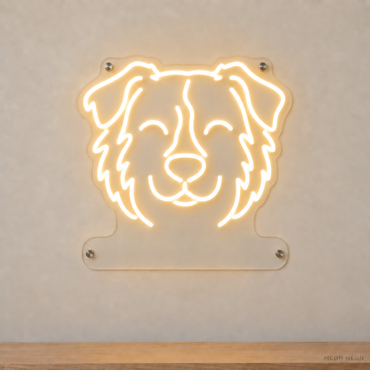 MEON NEON-watermarked concept mockup of a Warm White Miniature American Shepherd head LED neon sign with a blank acrylic area for a UV-printed breed caption or dog name.