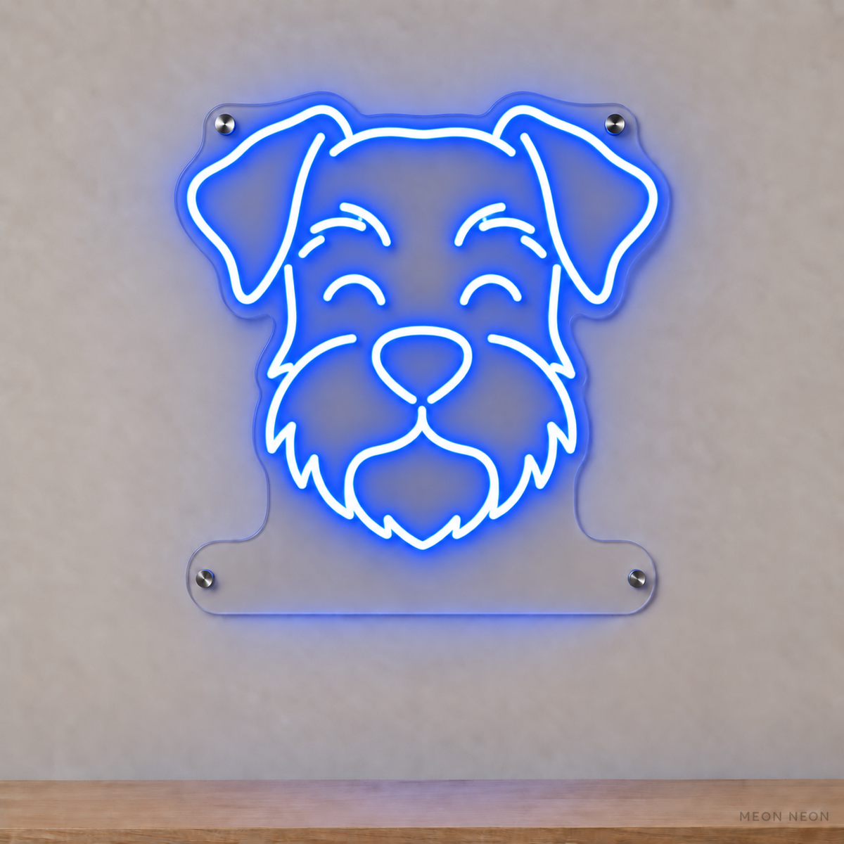 MEON NEON-watermarked concept mockup of a Blue Miniature Schnauzer head LED neon sign with a blank acrylic area for a UV-printed breed caption or dog name.