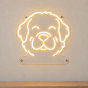 MEON NEON-watermarked concept mockup of a Warm White Newfoundland head LED neon sign with a blank acrylic area for a UV-printed breed caption or dog name.