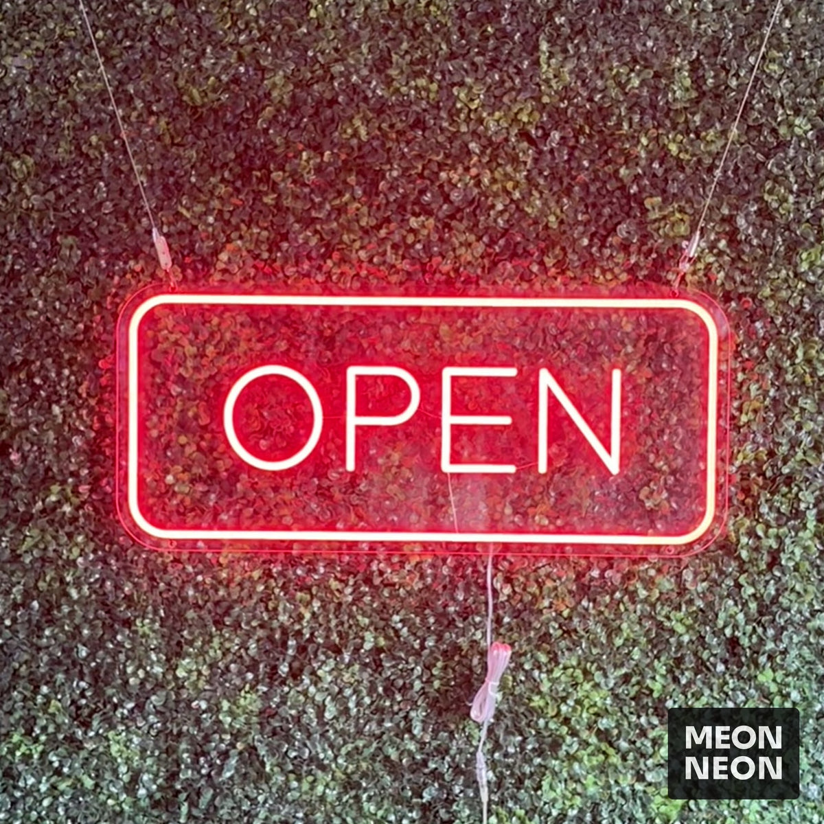 Open LED Neon Sign Rectangle Shape, real photo of a finished Meon Neon sign, lit