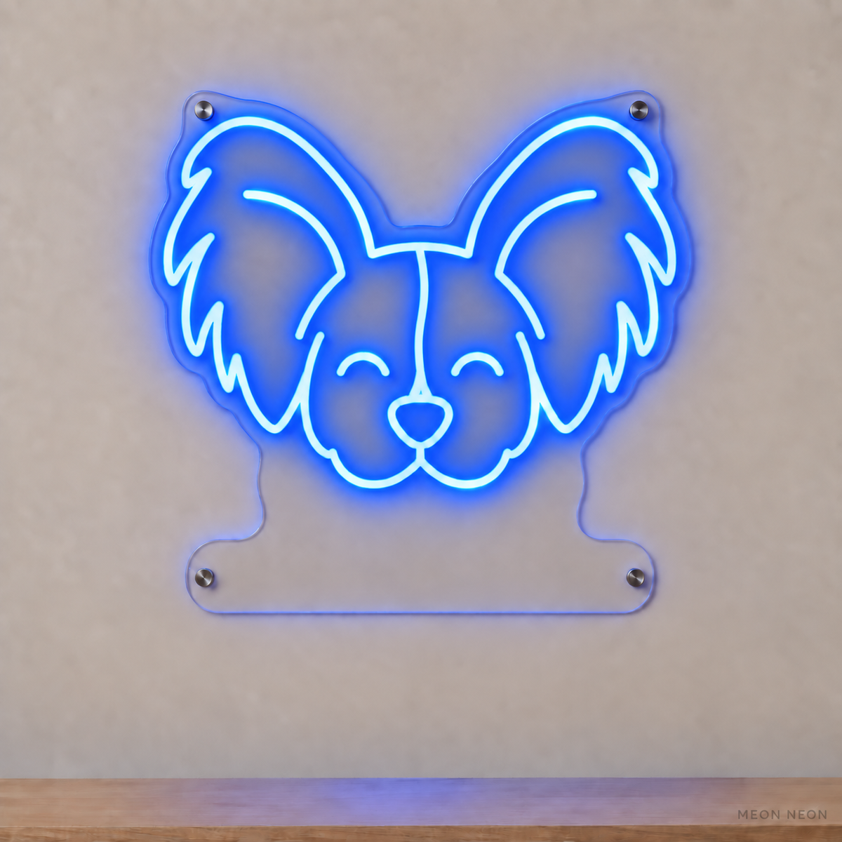 MEON NEON-watermarked concept mockup of a Blue Papillon head LED neon sign with a blank acrylic area for a UV-printed breed caption or dog name.