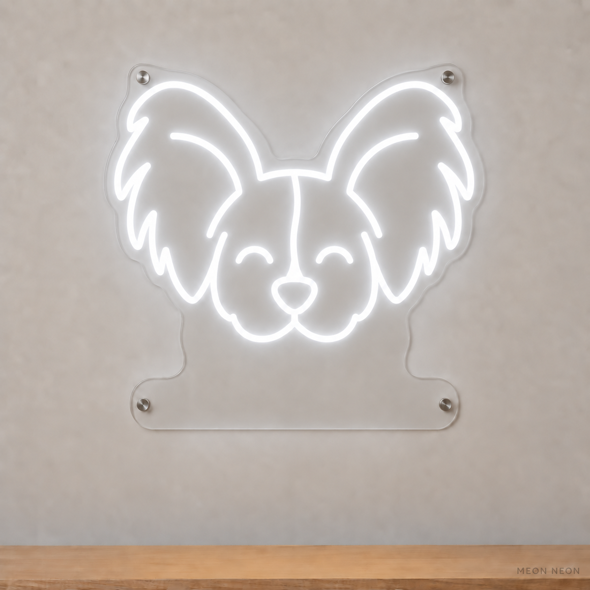 MEON NEON-watermarked concept mockup of a White Papillon head LED neon sign with a blank acrylic area for a UV-printed breed caption or dog name.