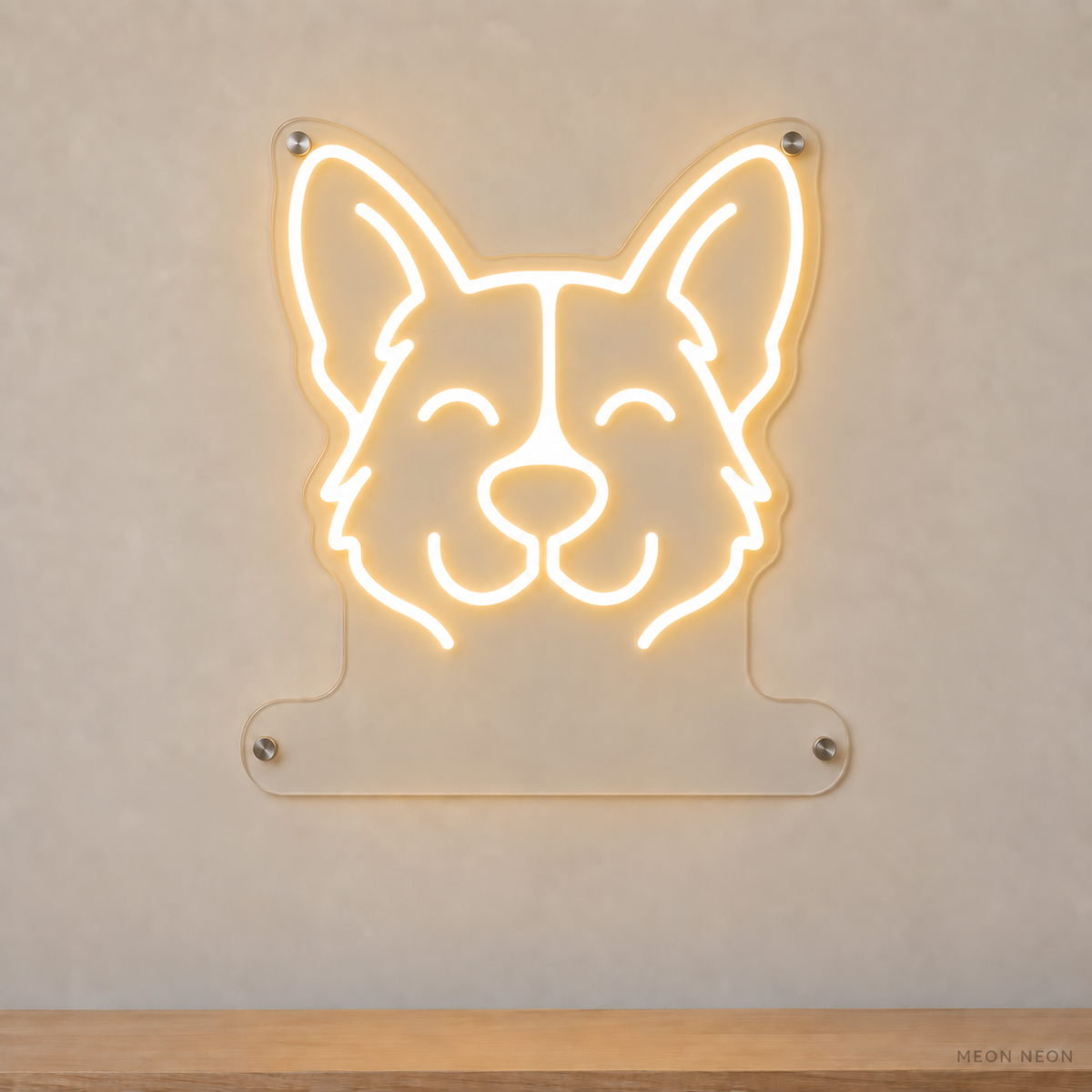 MEON NEON-watermarked concept mockup of a Warm White Pembroke Welsh Corgi head LED neon sign with a blank acrylic area for a UV-printed breed caption or dog name.