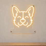 MEON NEON-watermarked concept mockup of a Warm White Pembroke Welsh Corgi head LED neon sign with a blank acrylic area for a UV-printed breed caption or dog name.