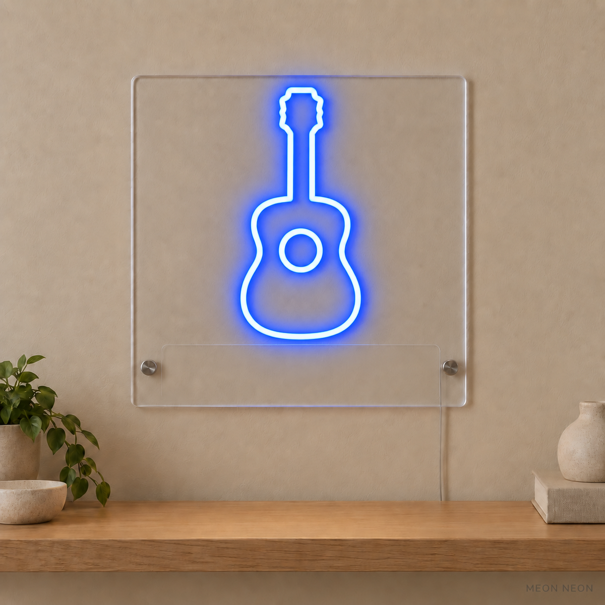 Personalized Acoustic Guitar LED neon sign concept in Blue with a blank area for printed text; MEON NEON watermark