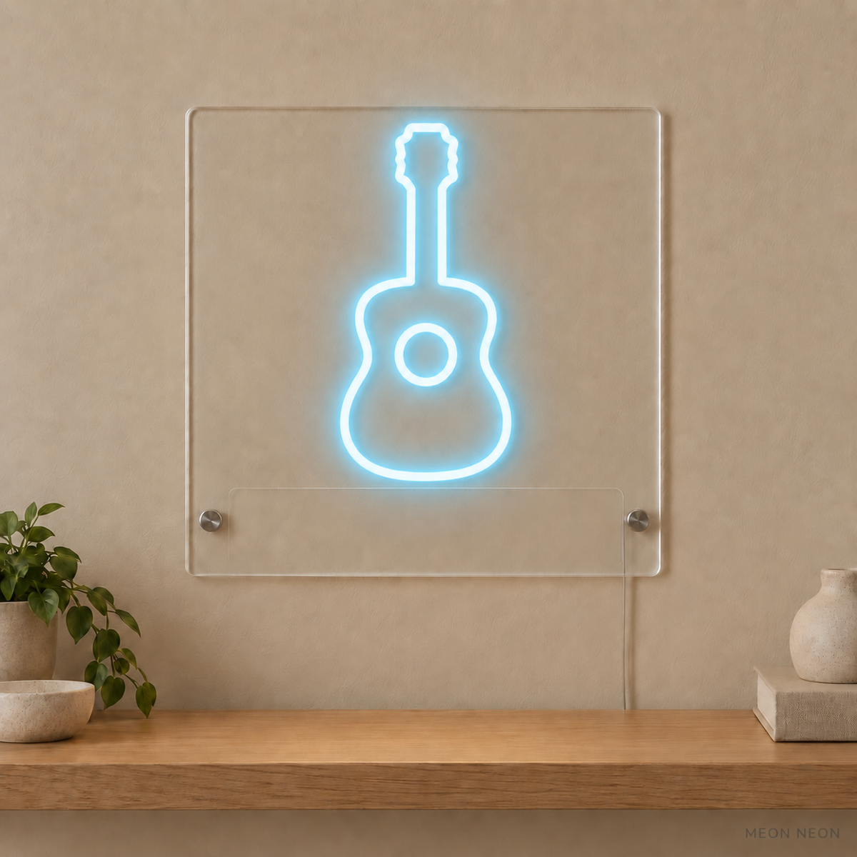 Personalized Acoustic Guitar LED neon sign concept in Ice Blue with a blank area for printed text; MEON NEON watermark