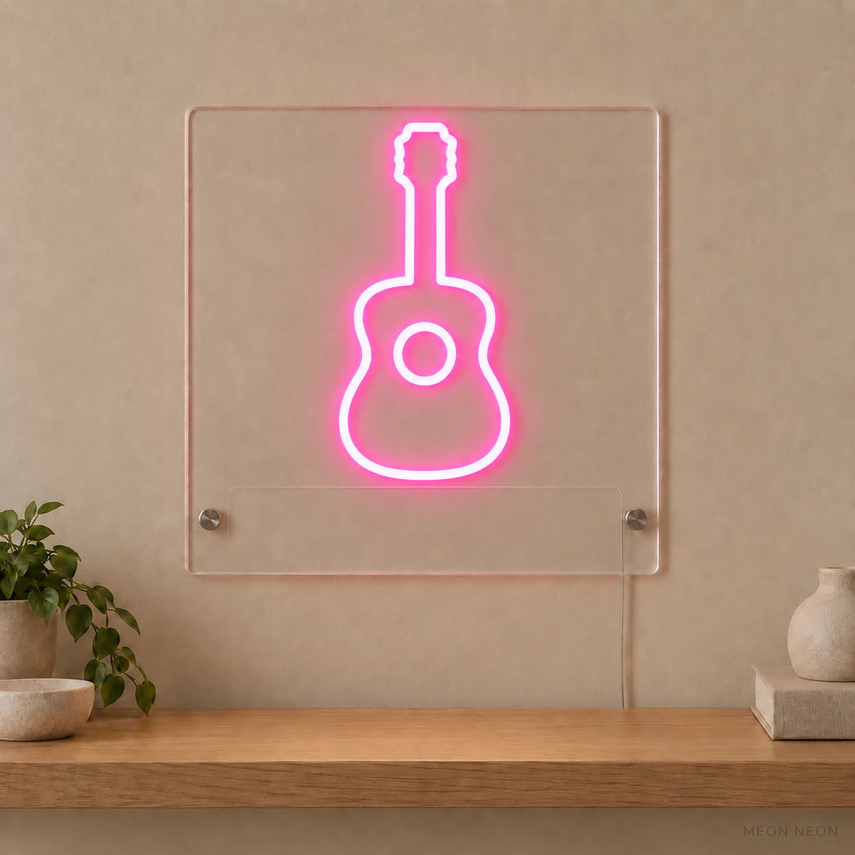 Personalized Acoustic Guitar LED neon sign concept in Pink with a blank area for printed text; MEON NEON watermark
