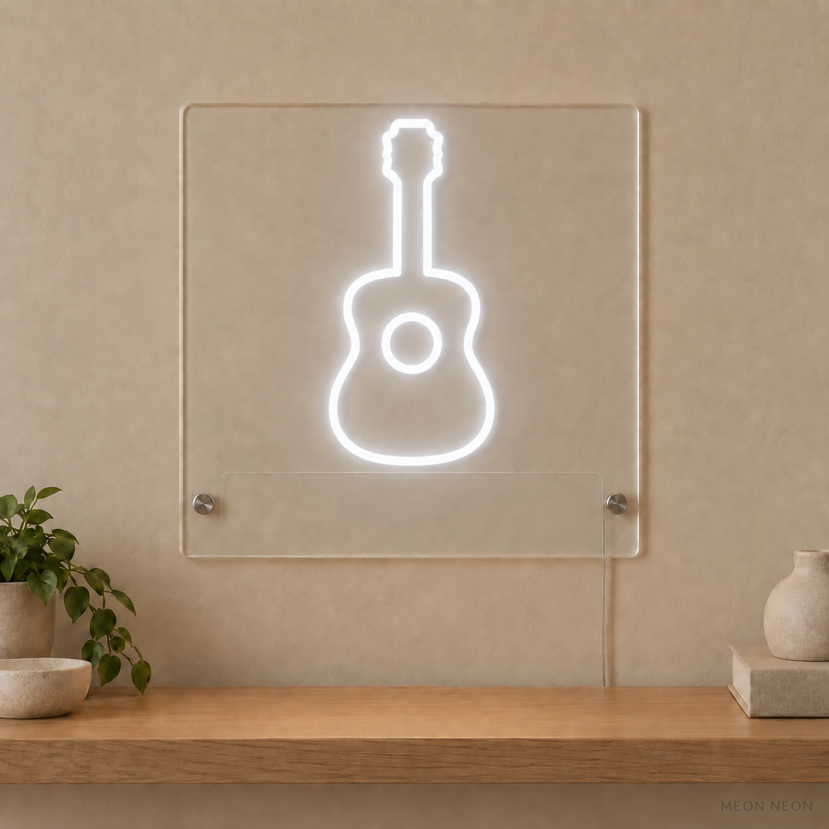 Personalized Acoustic Guitar LED neon sign concept in White with a blank area for printed text; MEON NEON watermark