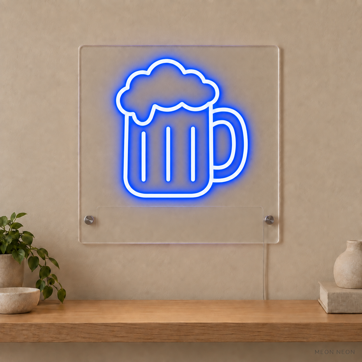 Personalized Beer Mug LED neon sign concept in Blue with a blank area for printed text; MEON NEON watermark
