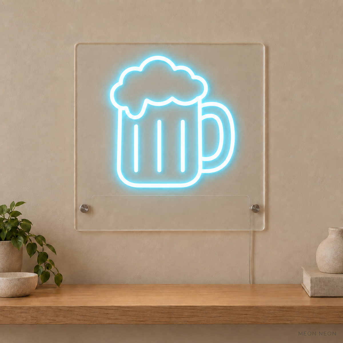 Personalized Beer Mug LED neon sign concept in Ice Blue with a blank area for printed text; MEON NEON watermark