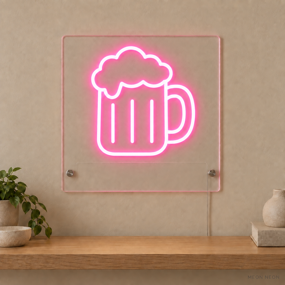 Personalized Beer Mug LED neon sign concept in Pink with a blank area for printed text; MEON NEON watermark