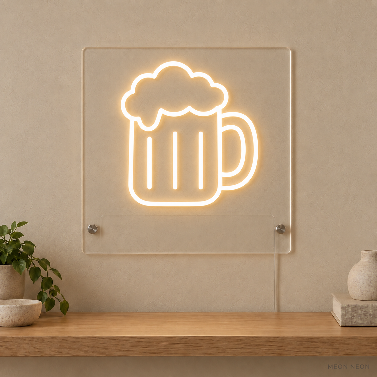 Personalized Beer Mug LED neon sign concept in Warm White with a blank area for printed text; MEON NEON watermark
