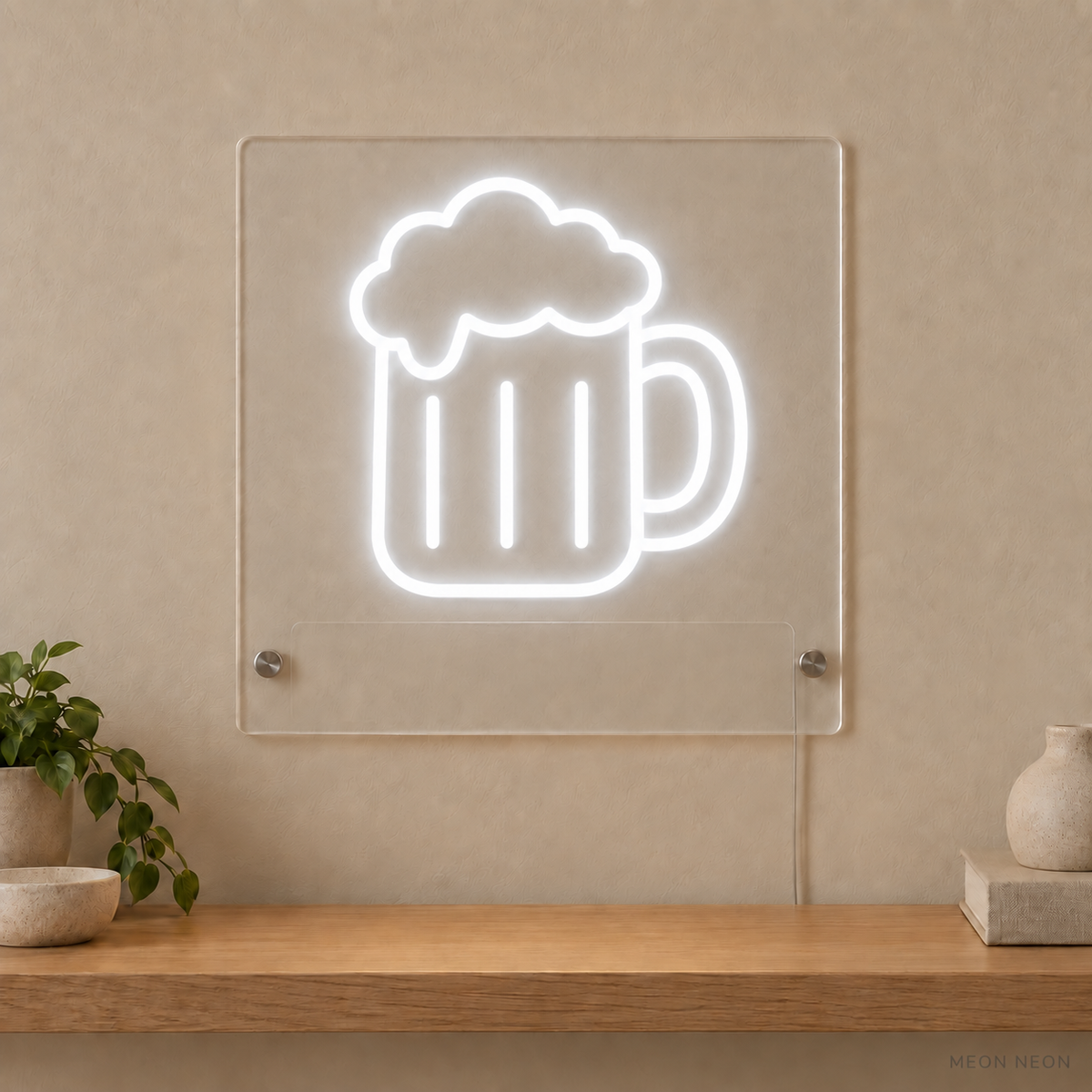Personalized Beer Mug LED neon sign concept in White with a blank area for printed text; MEON NEON watermark