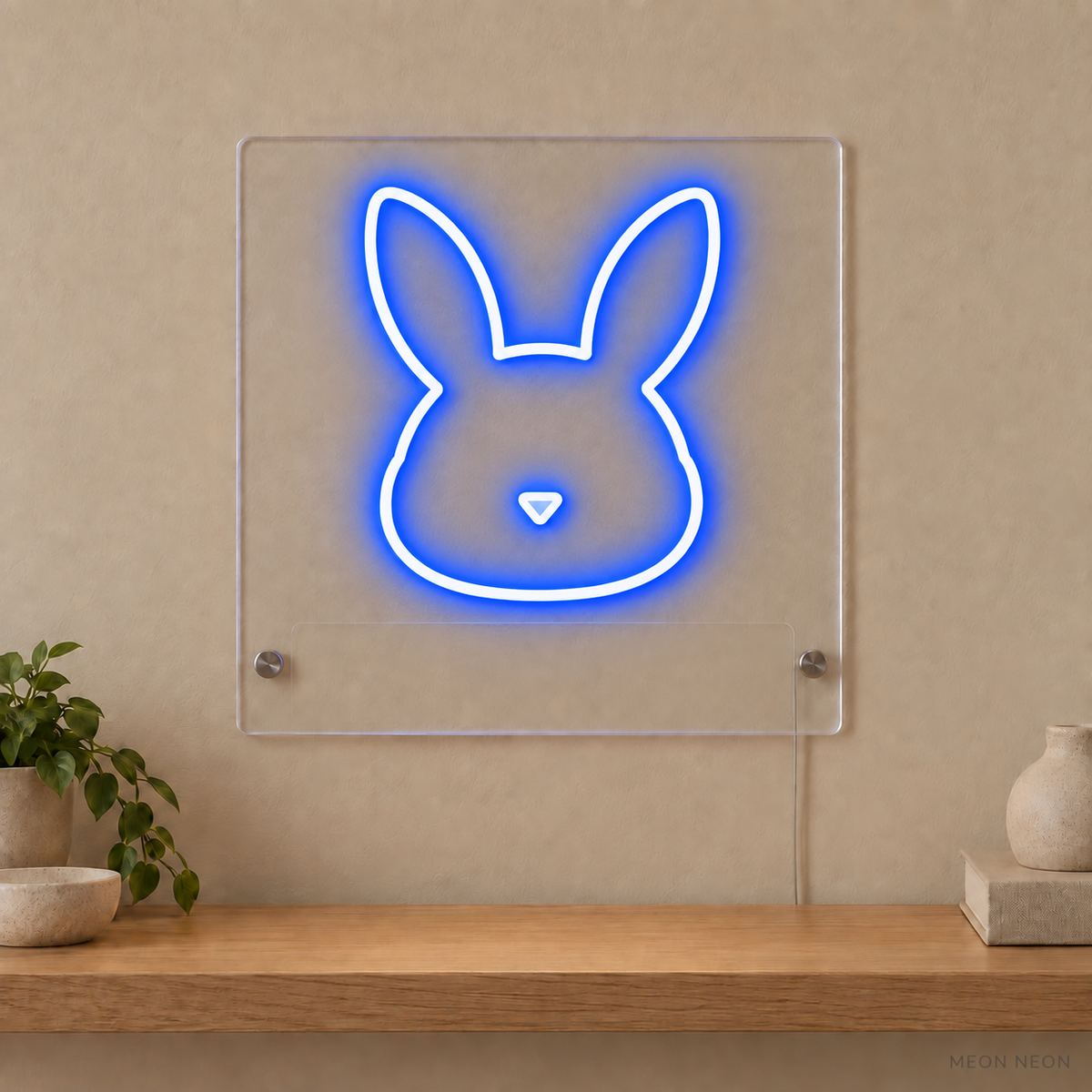 Personalized Bunny LED neon sign concept in Blue with a blank area for printed text; MEON NEON watermark