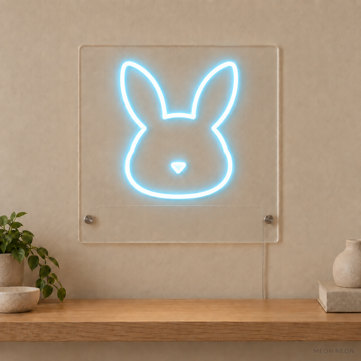 Personalized Bunny LED neon sign concept in Ice Blue with a blank area for printed text; MEON NEON watermark
