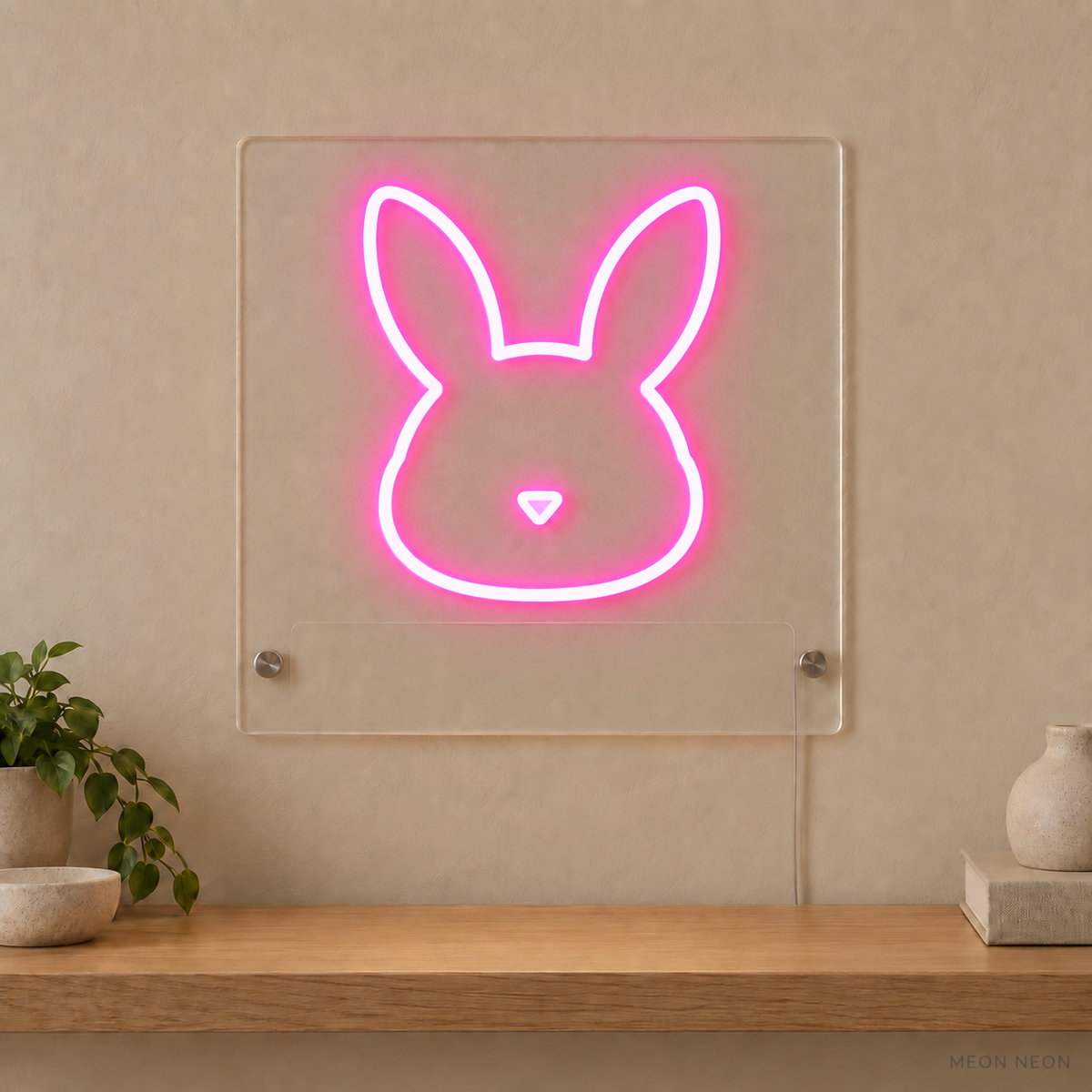 Personalized Bunny LED neon sign concept in Pink with a blank area for printed text; MEON NEON watermark
