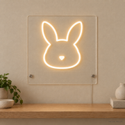 Personalized Bunny LED neon sign concept in Warm White with a blank area for printed text; MEON NEON watermark