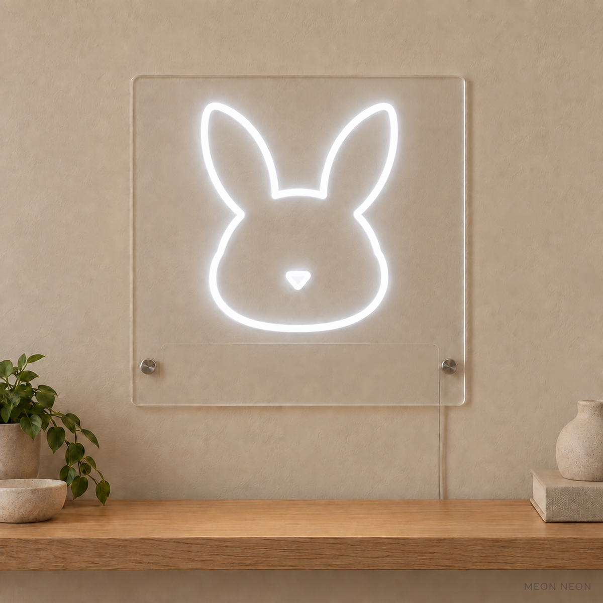 Personalized Bunny LED neon sign concept in White with a blank area for printed text; MEON NEON watermark