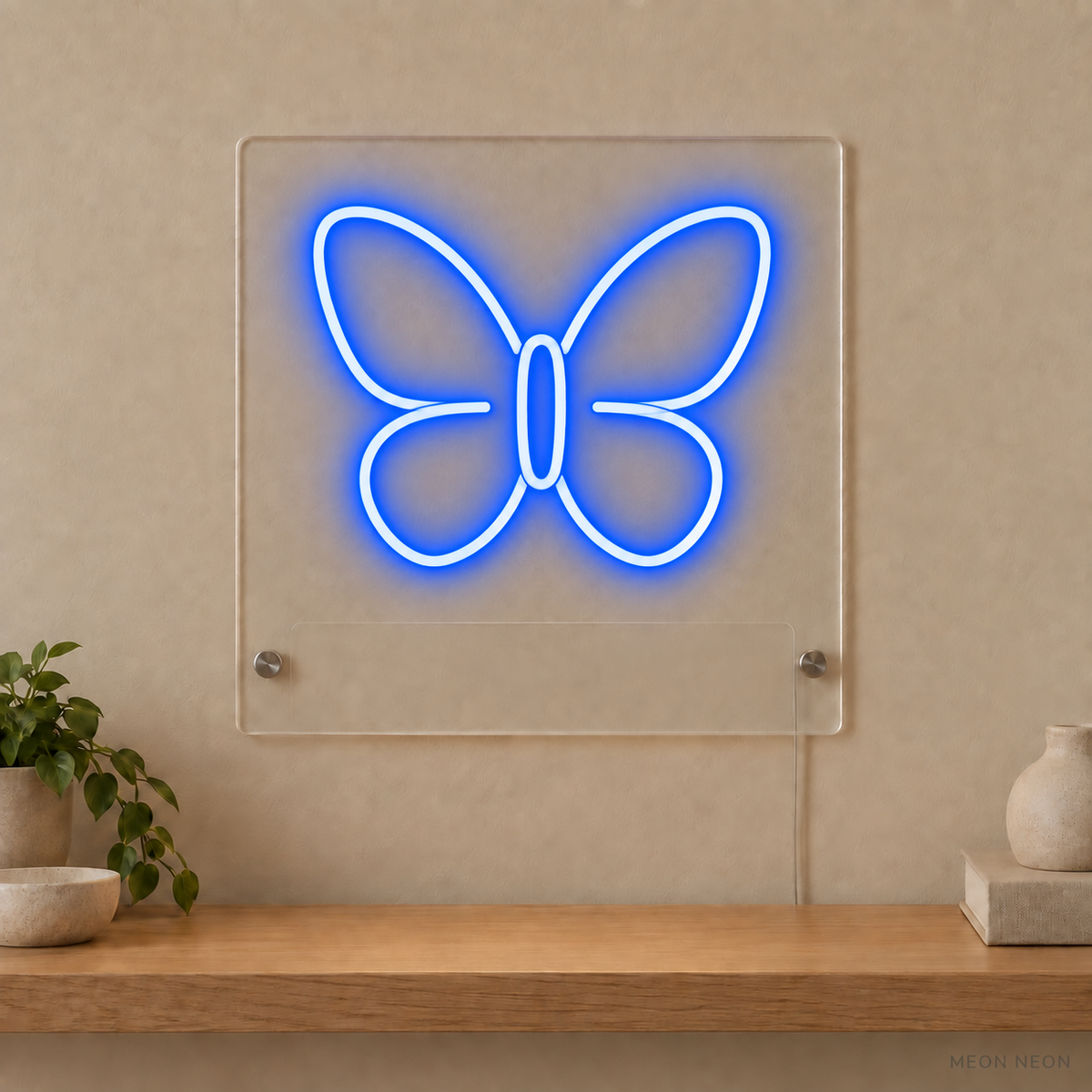 Personalized Butterfly LED neon sign concept in Blue with a blank area for printed text; MEON NEON watermark