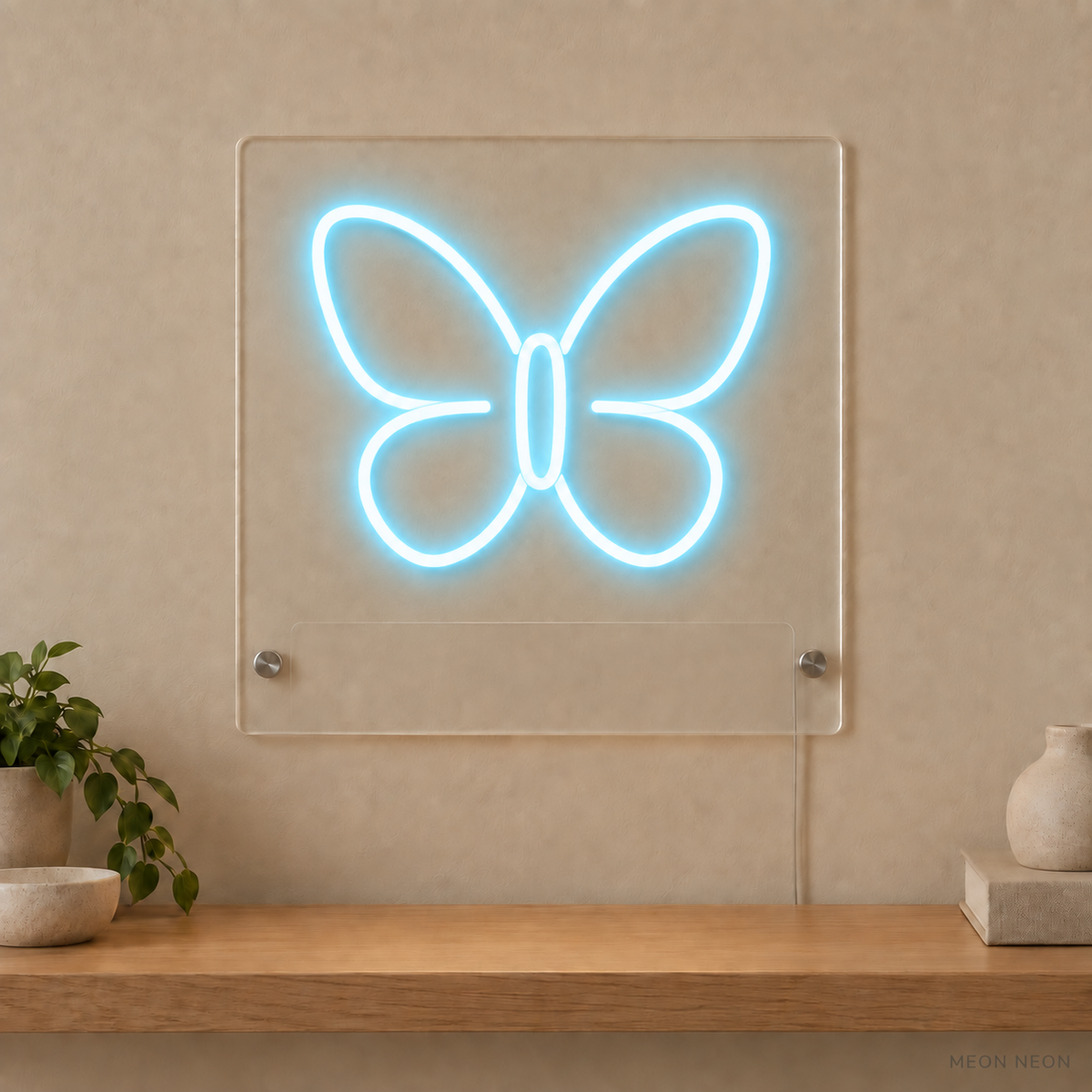 Personalized Butterfly LED neon sign concept in Ice Blue with a blank area for printed text; MEON NEON watermark