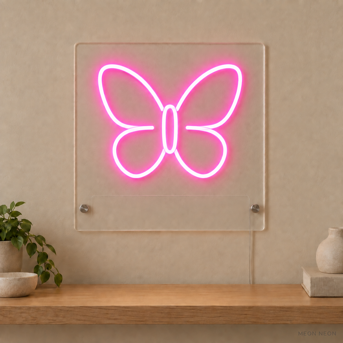 Personalized Butterfly LED neon sign concept in Pink with a blank area for printed text; MEON NEON watermark