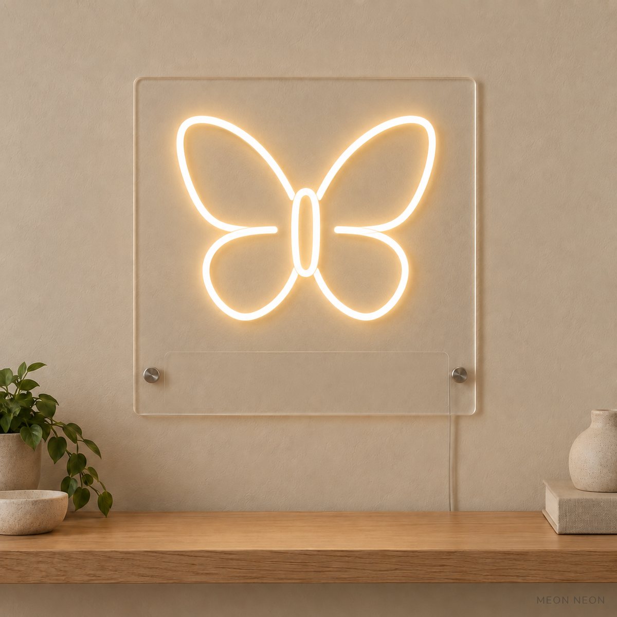 Personalized Butterfly LED neon sign concept in Warm White with a blank area for printed text; MEON NEON watermark
