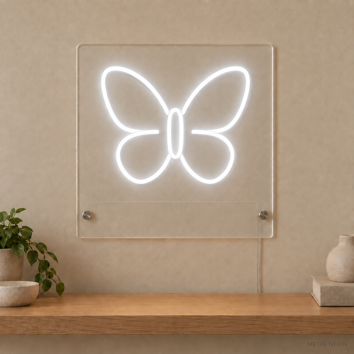Personalized Butterfly LED neon sign concept in White with a blank area for printed text; MEON NEON watermark