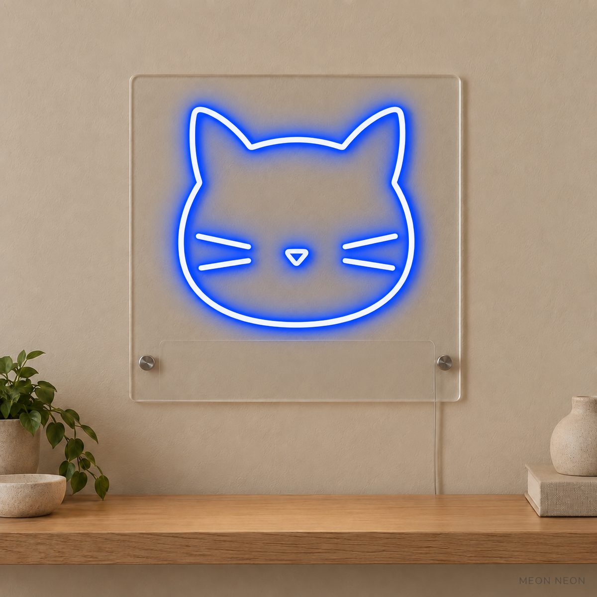 Personalized Cat Head LED neon sign concept in Blue with a blank area for printed text; MEON NEON watermark