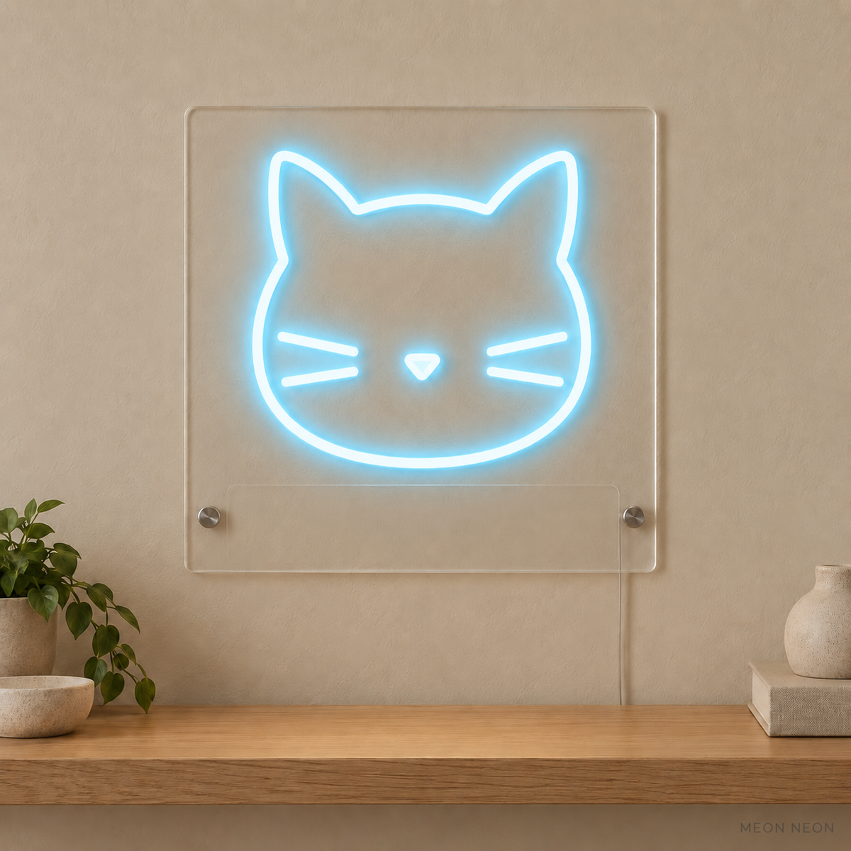 Personalized Cat Head LED neon sign concept in Ice Blue with a blank area for printed text; MEON NEON watermark