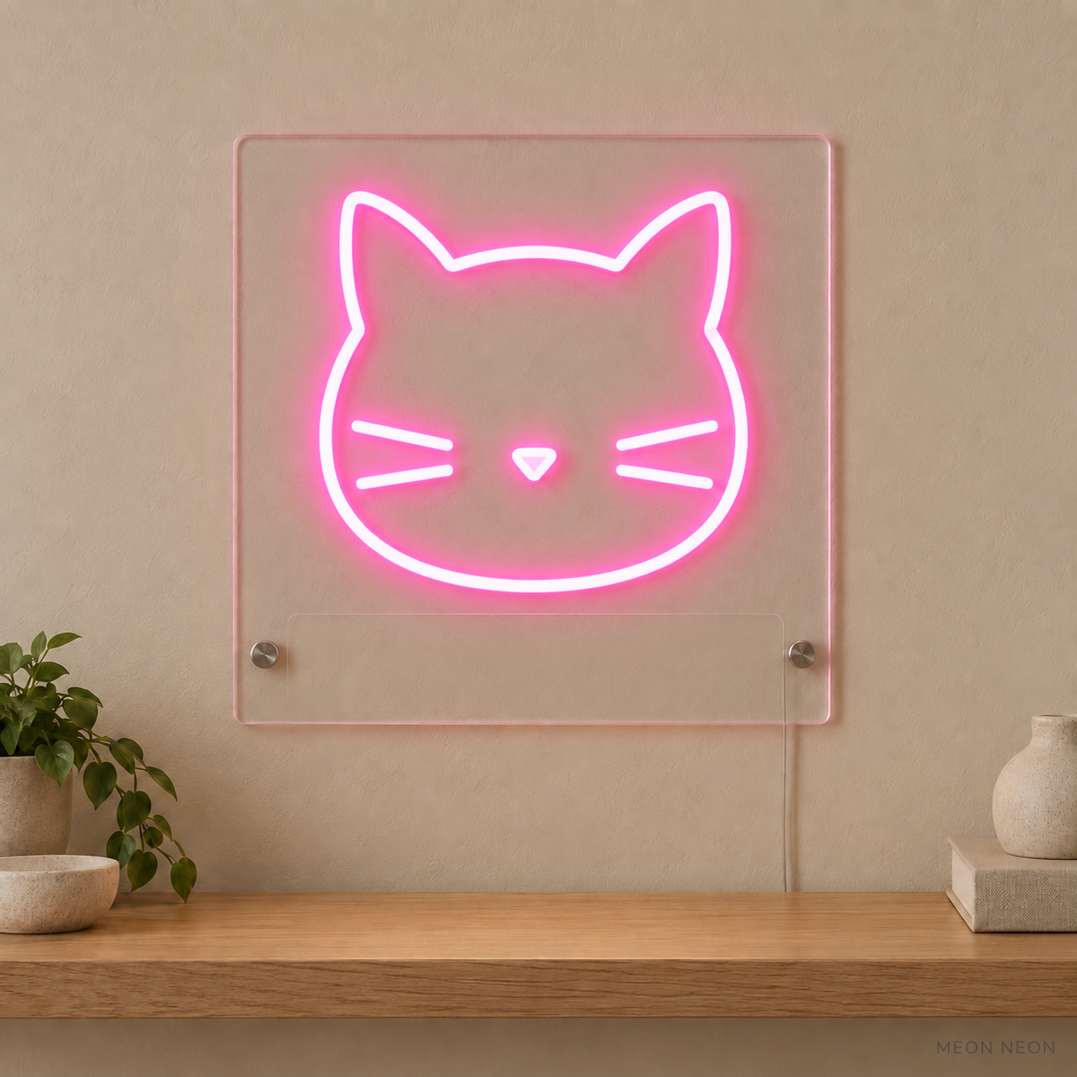 Personalized Cat Head LED neon sign concept in Pink with a blank area for printed text; MEON NEON watermark